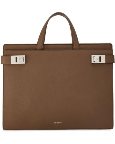 Ferragamo Gancini-buckle Leather Briefcase - Brown