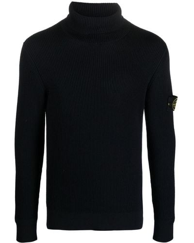 Stone Island Ribbed Turtleneck Sweater In Wool - Black
