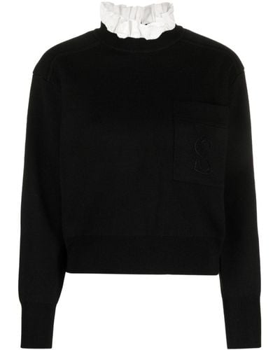 Sandro Ruffled-collar Long-sleeve Knitted Top - Black