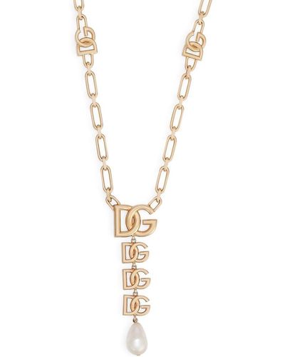 Dolce & Gabbana Dg-logo Pearl-embellished Necklace - Metallic