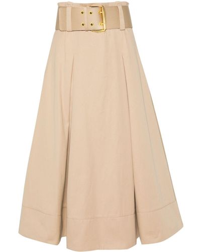 Elisabetta Franchi Twill Midi Skirt With Belt And Darts - Natural