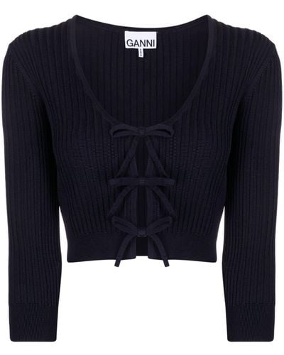 Ganni Pussy-bow Fastening Ribbed-knit Top - Blue