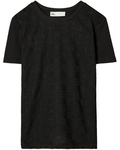 Tory Burch Monogram-embroidered Cotton T-shirt - Black