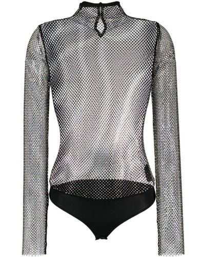 Patrizia Pepe Rhinestone-embellished Mesh Bodysuit - Gray