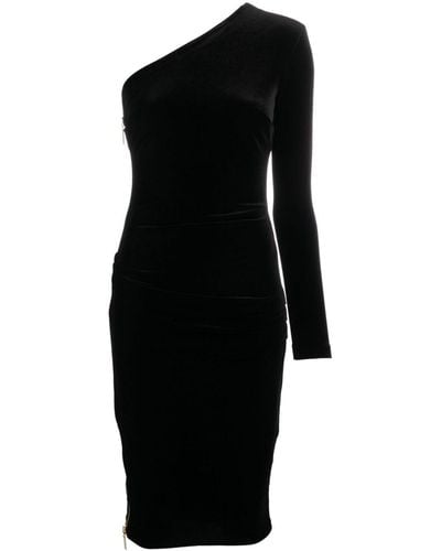 Elisabetta Franchi Zip-embellished Asymmetric Velvet Dress - Black