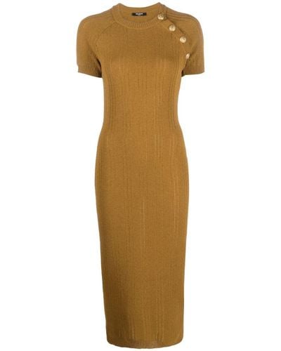Balmain Button-embellished Midi Dress - Brown