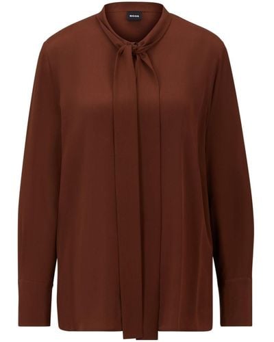 BOSS Pussy-bow Silk Blouse - Brown