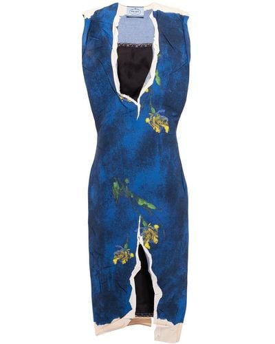 Prada Midi-jurk Met Bloemenprint - Blauw