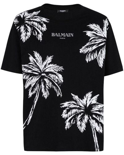 Balmain T-Shirt mit Palmen-Print - Schwarz
