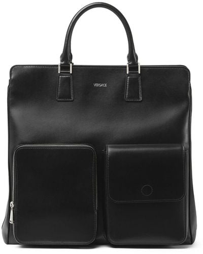 Versace Front-pocket Leather Tote Bag - Black