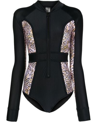 Duskii Long-sleeve Leopard-print Surf Suit - Black