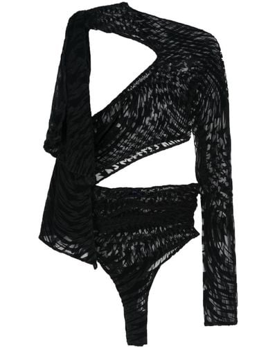 Mugler Flocked Star-print Asymmetric Bodysuit - Black