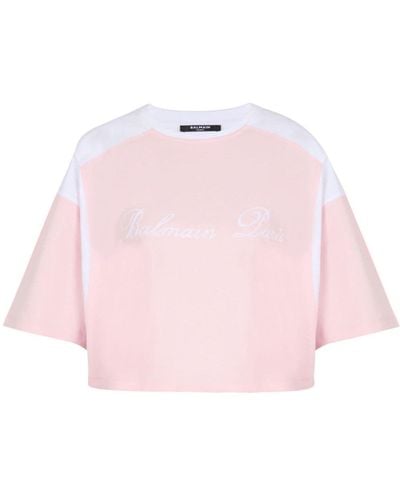 Balmain Logo-embroidered panelled T-shirt - Pink