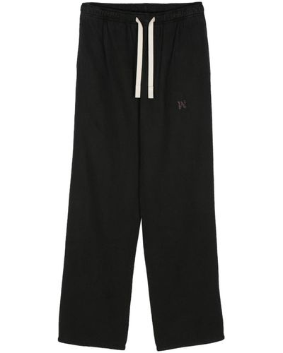 Palm Angels Wide Trousers With Monogram - Black