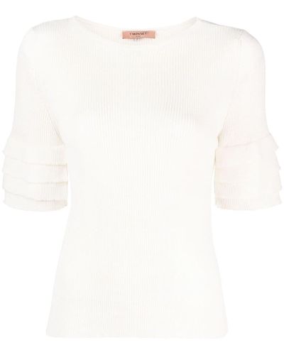 Twin Set Ribbed-knit Ruffle-sleeve Top - White