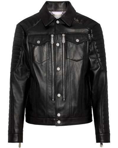 Philipp Plein Embossed-logo Leather Biker Jacket - Black