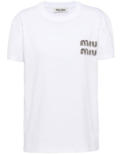 Miu Miu T-shirt en coton à strass - Blanc