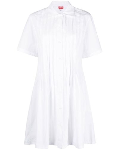 KENZO Pintuck Short Sleeve Shirt Dress - Women's - Cotton - White