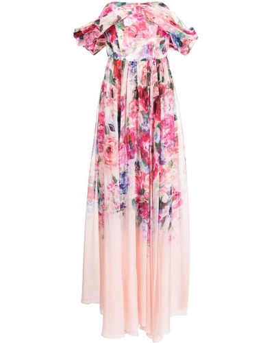 Marchesa Schulterfreie robe aus chiffon mit floralem print und drapierung - Pink