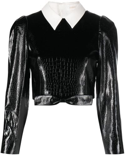 ShuShu/Tong Crocodile-embossed Faux-leather Cropped Top - Black