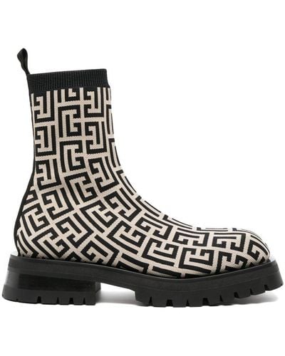 Balmain And Ivory Jacquard Knitted Ankle Boot With Monogram - Black