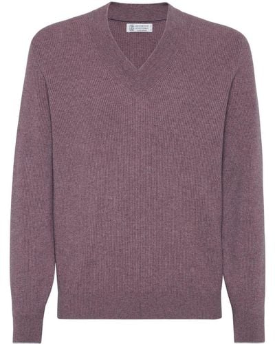 Brunello Cucinelli Ribbed V-neck Sweater - Purple