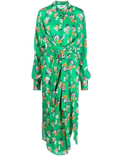 MSGM Floral-print Knotted Shirt Dress - Green