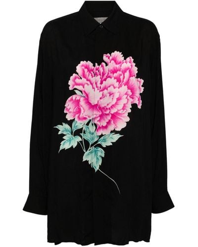 Yohji Yamamoto Floral-print Long-sleeve Shirt - Black