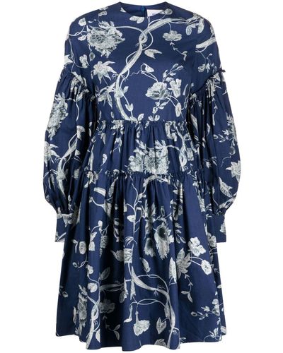 Erdem Floral-print Tiered-hem Cotton-poplin Mini Dress - Blue