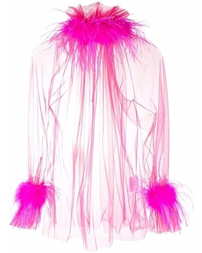 Styland Feather-trim Sheer Blouse - Pink