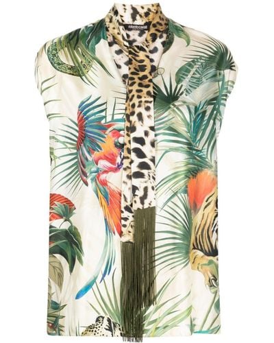 Roberto Cavalli Jungle-print Tie-neck Silk Top - Green
