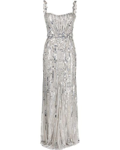 Jenny Packham Bright Gem Embellished Sequined Tulle Gown - Gray