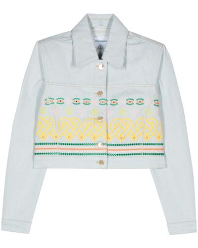 Casablancabrand Embroidered-detail cropped denim jacket - Blau