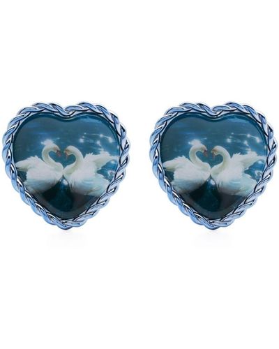 Safsafu Swan In Love Heart-shaped Earring - Blue