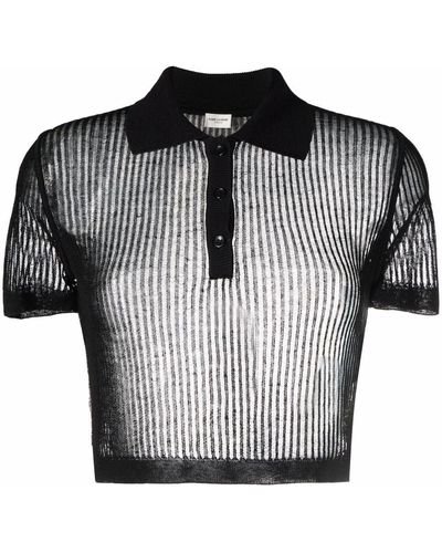 Saint Laurent Semi-sheer Ribbed Polo Shirt - Black