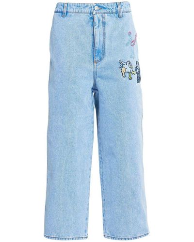 Marni Embroidered-motifs Wide-leg Cropped Jeans - Blue