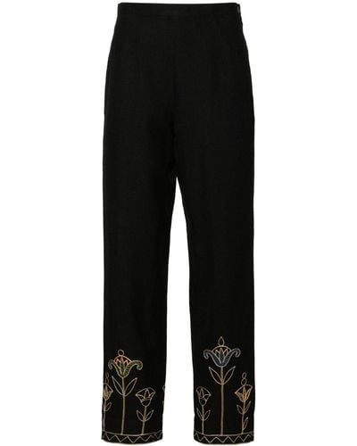 Bode Blooming Stems Mid-rise Straight-leg Trousers - Black