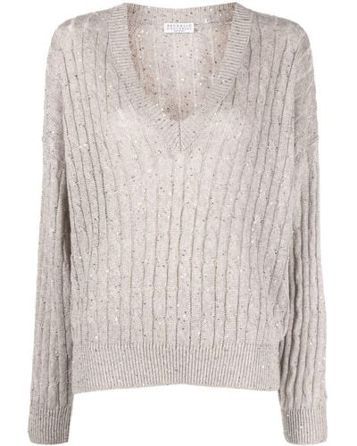 Brunello Cucinelli Ribbed V-neck Jumper - Natural