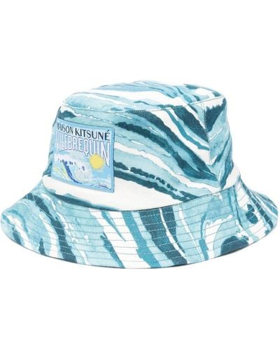 Maison Kitsuné Abstract-pattern Cotton Bucket Hat - Blauw