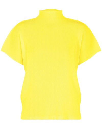 Pleats Please Issey Miyake Geripptes T-Shirt mit Stehkragen - Gelb