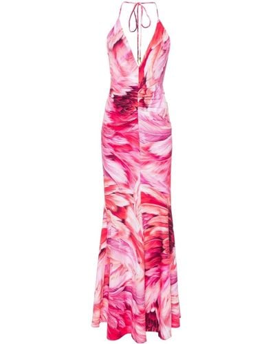 Roberto Cavalli Feather-print Halterneck Dress - Pink