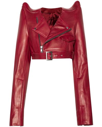 Rick Owens Black Tec Cropped Leather Biker Jacket - Red