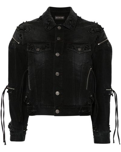 Balenciaga Studded Fringed Denim Jacket - Black