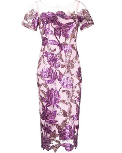 Marchesa Sequin-embellished Short-sleeve Midi Dress - Paars