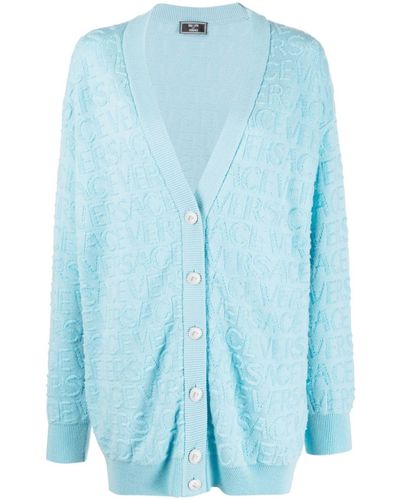 Versace Cardigan en laine virge à logo Allover - Bleu