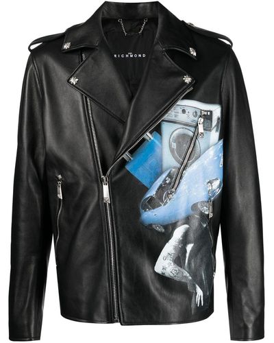 John Richmond Graphic-print Leather Biker Jacket - Black