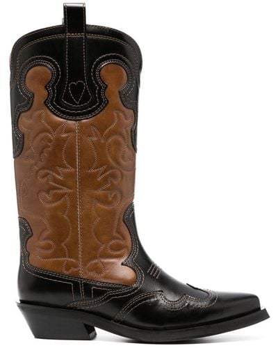 Ganni Embroidered Two-tone Leather Boots - Brown