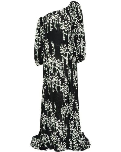 BERNADETTE Floral-print Asymmetric-neck Dress - Black
