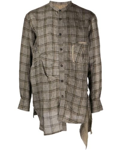 Ziggy Chen Check-pattern Panelled Linen Shirt - Grey