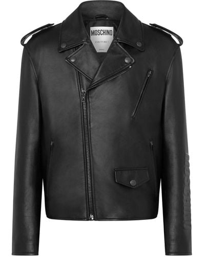 Moschino Logo-embossed Leather Biker Jacket - Black